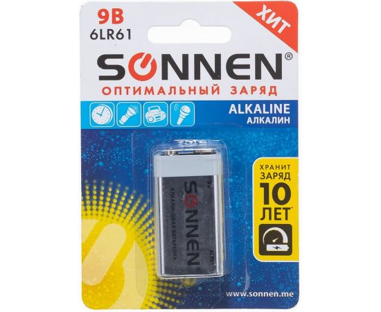 Батарейка SONNEN Alkaline, Крона алкалиновая, 1 шт., в блистере, 451092 