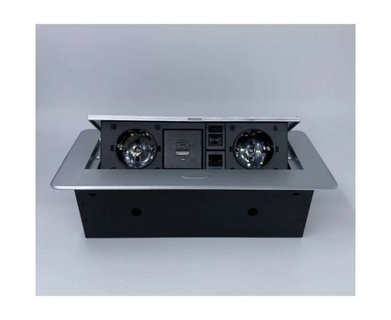 Выдвижной встраиваемый блок розеток Inrior выдвижная розетка, на 2 EURO розетки, 2 RJ45 и 2 USB-A+C, серый, TORO-55-80 