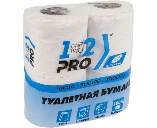 Туалетная бумага 1-2-PRO 2 слоя, 17.5 м, 4 шт, белый, целлюлоза БТЦ2-4 