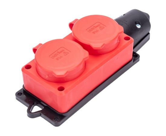 2-х местная однофазная колодка UNIVersal с заглушками компакт c заземлением каучук 16А 250В ip44 цвет красный еврослот 3072 – изображение 2
