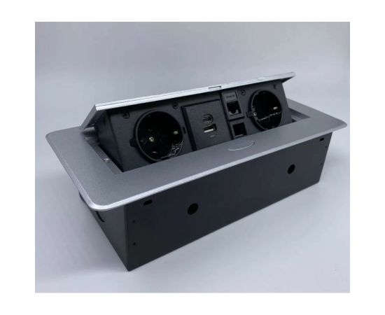 Выдвижной встраиваемый блок розеток Inrior выдвижная розетка, на 2 EURO розетки, 2 RJ45 и 2 USB-A+C, серый, TORO-55-80 – изображение 4