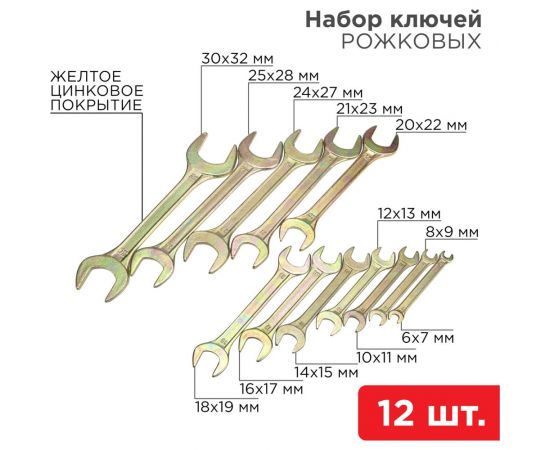 Набор рожковых ключей REXANT 6-32 мм, 12 шт желтый цинк 12-5845-2 – изображение 2