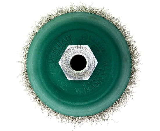 Щетка чашечная 100 мм, М14, гофрированная нержавеющая сталь 0.3 мм для УШМ SIT 0928 – изображение 2