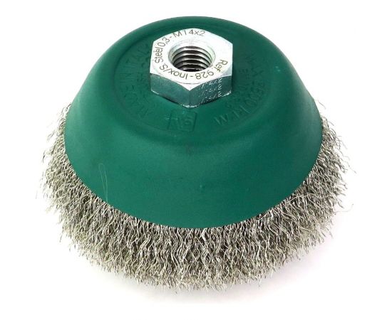 Щетка чашечная 100 мм, М14, гофрированная нержавеющая сталь 0.3 мм для УШМ SIT 0928 – изображение 3