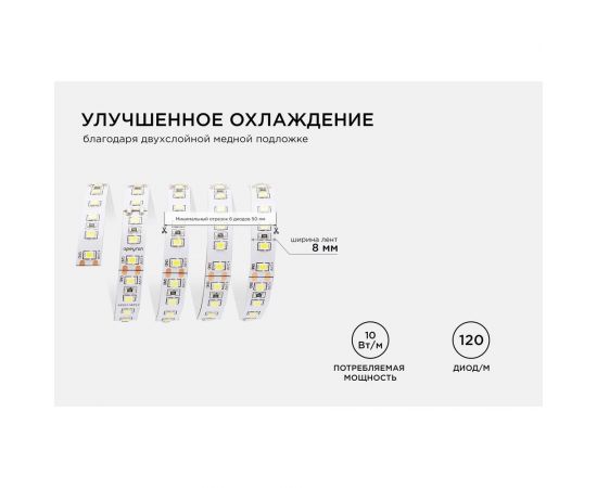 Светодиодная лента Apeyron 24В, 10Вт/м, smd3528, 120д/м, IP20, 900Лм/м, подложка, 8мм, 5м, теплый белый 00-330 – изображение 5