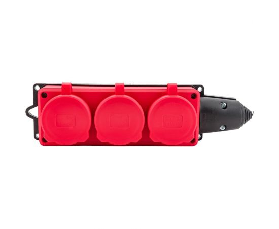 3-х местная однофазная колодка UNIVersal с заглушками компакт c заземлением каучук 16А 250В ip44 цвет красный еврослот 3073 