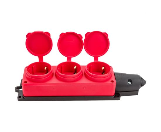 3-х местная однофазная колодка UNIVersal с заглушками компакт c заземлением каучук 16А 250В ip44 цвет красный еврослот 3073 – изображение 4