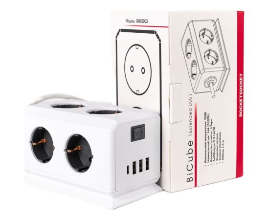 Удлинитель ROCKETSOCKET BiCube Extended 6 Euro 16A, 4 USB 3A+C с блоком 5В/3.1А, кабель 1,5 м цвет белый GNS5003 – изображение 2
