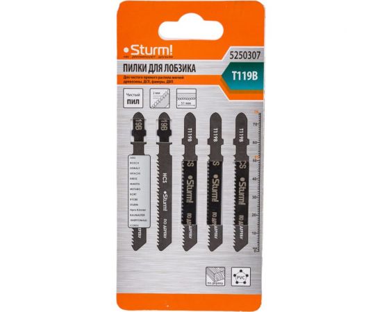 Пилки T119B по дереву и пластику 76 мм, шаг 2 мм, 5 шт. Sturm 5250307 