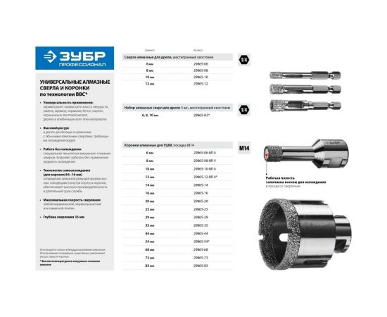 Высокоскоростная алмазная коронка по керамограниту и железобетону ЗУБР Профессионал М14, вакуумное спекание, 83 мм, для УШМ 29865-83 – изображение 6