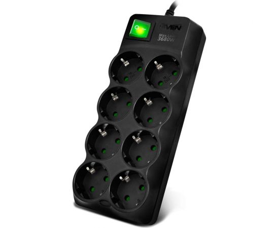 Фильтр SVEN SF-08E-16 3,0 м (8 розеток с защитными шторками,16А) черный, цветная коробка SV-021610 
