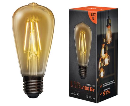 Филаментная лампа REXANT Груша ST64 11.5 Вт 2400K E27 золотистая колба 604-141 