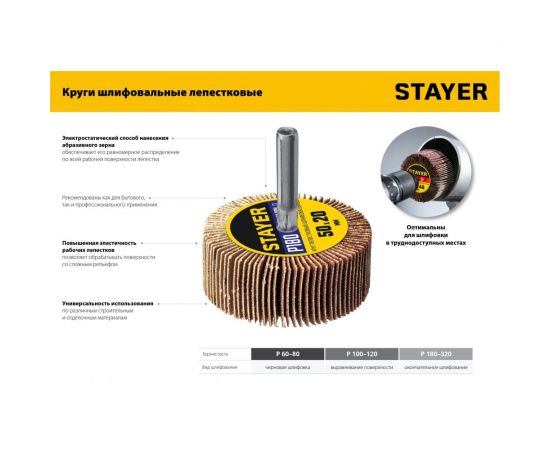 Круг шлифовальный лепестковый на шпильке STAYER P80, 60x30 мм 36608-080 – изображение 5