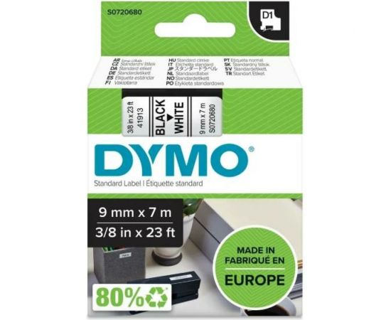 Картридж с лентой Dymo S0720680 9 мм, 7 м, пластик, черный на белой ленте DYMO40913 