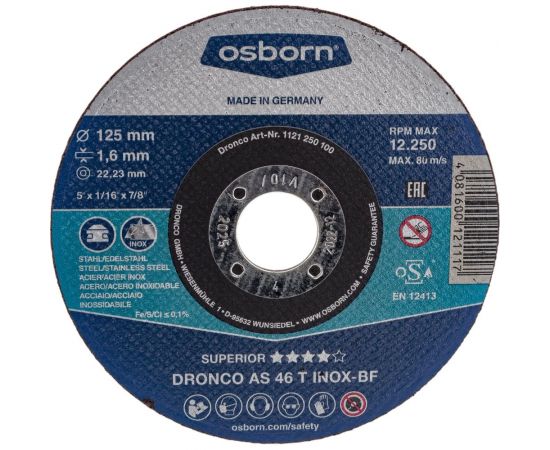 Диск отрезной по нержавейке Superior AS46T INOX (125x1.6x22.23 мм) DRONCO 1121250100 
