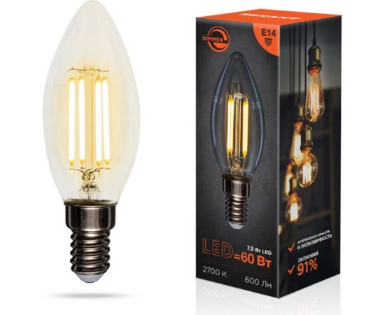 Филаментная лампа REXANT Свеча CN35 7.5 Вт 2700K E14 диммируемая 604-087 