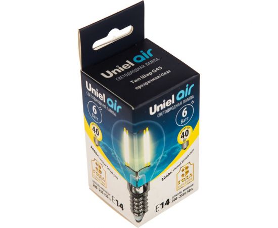 Светодиодная лампа Uniel LED-G45-6W/WW/E14/CL GLA01TR. Форма шар, прозрачная. UL-00002201 – изображение 2