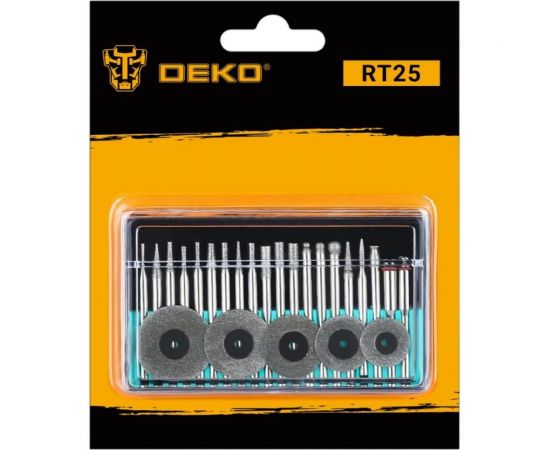 Набор алмазных шарошек и отрезных дисков с держателями RT25 25 предметов для гравера DEKO 065-0681 – изображение 3