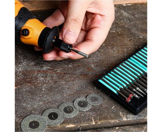 Набор алмазных шарошек и отрезных дисков с держателями RT25 25 предметов для гравера DEKO 065-0681 – изображение 4