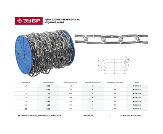 Длиннозвенная епць Зубр DIN 763, оцинкованная сталь, d=8мм, L=18м 4-304030-08 – изображение 3