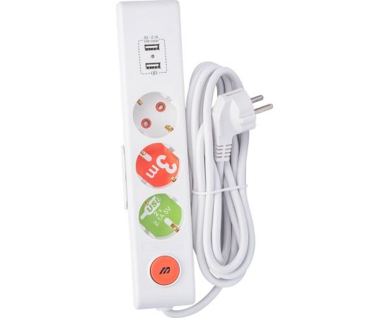 Розеточная колодка Mutlusan 3 гнезда USB, 16А/250с токовой защитой 2xUSB, зарядное ( шторки +выключатель) 001 175 350002 03 00 
