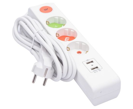 Розеточная колодка Mutlusan 3 гнезда USB, 16А/250с токовой защитой 2xUSB, зарядное ( шторки +выключатель) 001 175 350002 03 00 – изображение 2