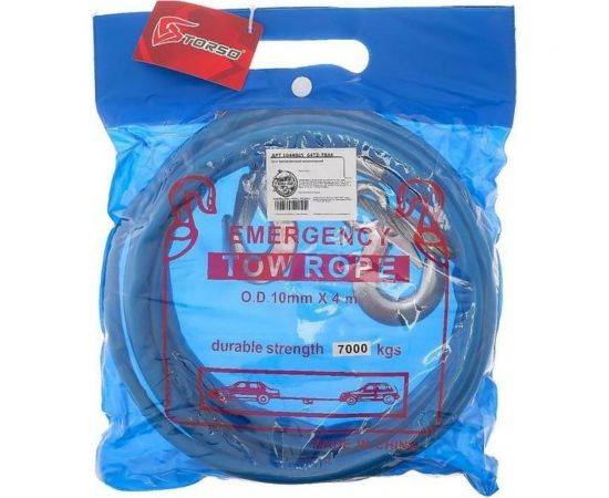 Буксировочный металлический трос TORSO в ПВХ оплётке, 4м, 7 тонн, 2 крюка 1044905 – изображение 3