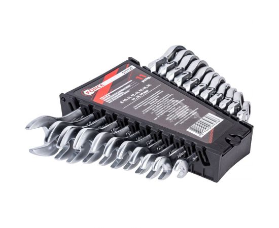 Набор комбинированных ключей FORCEKRAFT трещоточные, с шарниром, 11пр., в пластиковом держателе 51234 