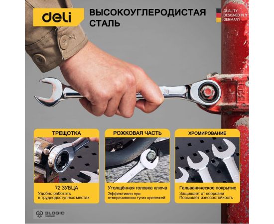 Набор комбинированных ключей DELI с трещоткой 8 шт. DL140108T 98318 – изображение 3