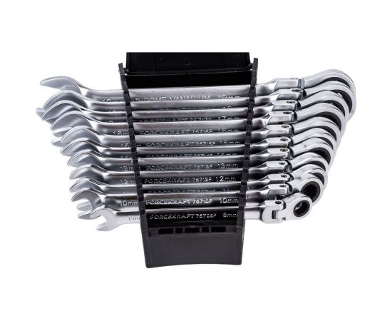 Набор комбинированных ключей FORCEKRAFT трещоточные, с шарниром, 11пр., в пластиковом держателе 51234 – изображение 4