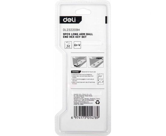 Набор удлиненных шестигранных ключей с шаром DELI dl232209h материал Cr-V, 1,5, 2, 2,5, 3, 4, 5, 6, 8, 10 мм, пластиковый держатель, 9 шт. 104513 – изображение 5