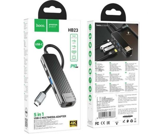 Переходник Hoco HB23 Easy view Type-C адаптер HDMI+USB3.0+USB2.0+RJ45+PD, серый 860806 – изображение 6