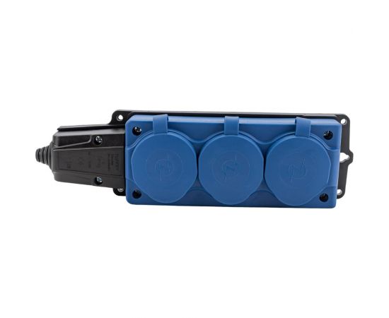 Штепсельная колодка NE-AD 3-гнезда, с заземлением, с крышками, 16А, IP54, синий/черный (каучук) (12/120) 4143 