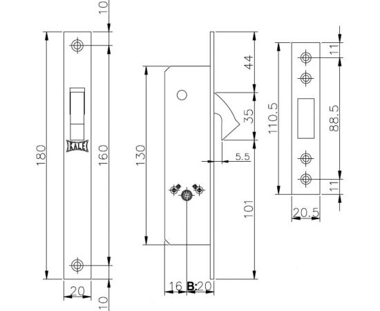Врезной узкопрофильный крестообразный замок KALE KILIT 201F (20 мм) никель, 3 ключа 8061 – изображение 2