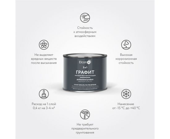 Быстросохнущая грунт-эмаль по ржавчине, металлу 3 в 1 Elcon графит, 0.4 кг 00-00463006 – изображение 2