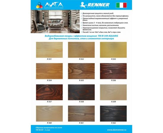 Интерьерная лазурь для дерева RENNER YM M349 R363 1 кг 1-363 – изображение 7