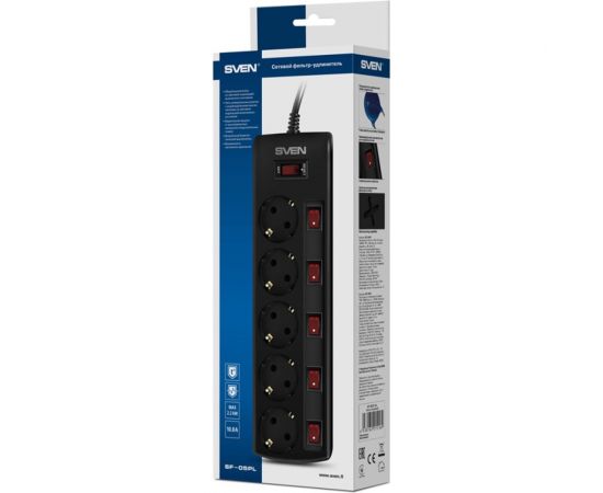 Фильтр SVEN SF-05PL 1.8м, 5 розеток, черный SV-015152 – изображение 4
