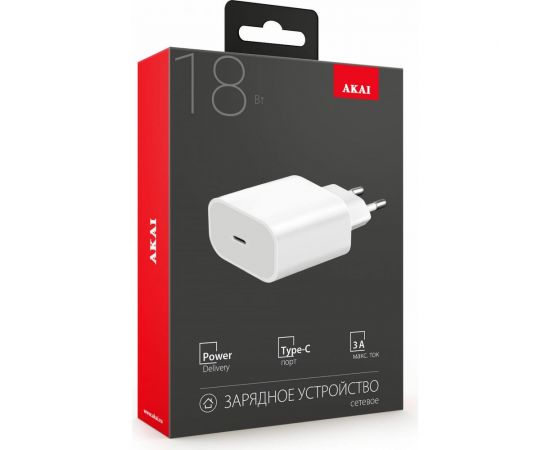 Универсальное сетевое зарядное устройство AKAI CH-6A08 1Type-C,PD, 3A, белый CH-6A08W – изображение 3