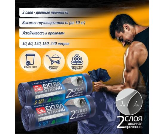 Пакеты для мусора EXTRA STRONG с завязками 30 л, 15 шт в рулоне GRIFON 101-074 – изображение 4