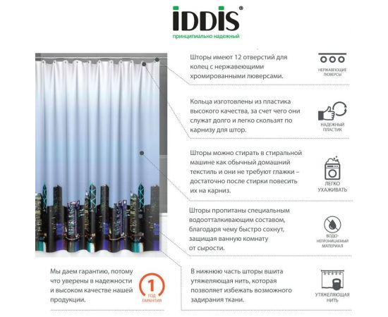 Штора для ванной комнаты IDDIS 200*240 см, полиэстер, ID, city 210P24RI11 – изображение 2