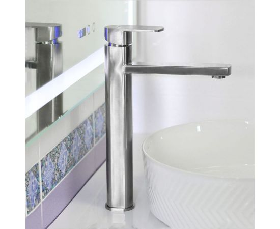 Смеситель для умывальника MELANA Stello нерж.сталь, однорычажный, сатин, литой излив 610302 – изображение 6