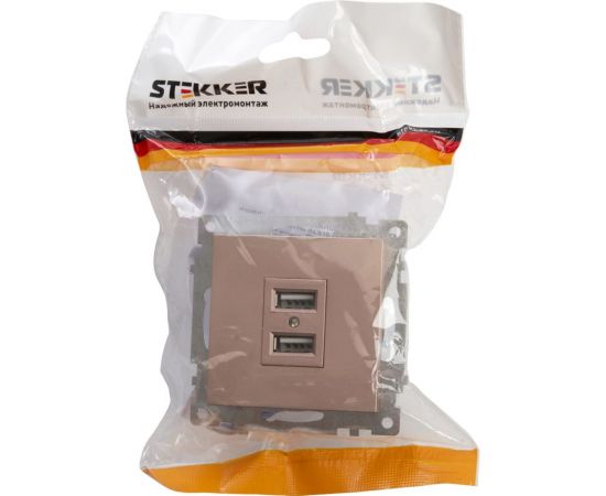 2-местная USB розетка (механизм) STEKKER GLS10-7115-02, 250B, 2,4А, серия Катрин, шампань 39602 – изображение 4
