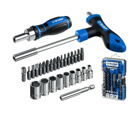 Набор: реверсивная и Т-образная отвертки с насадками 29 шт ЗУБР Компакт-Т29 25168-H29_z01 