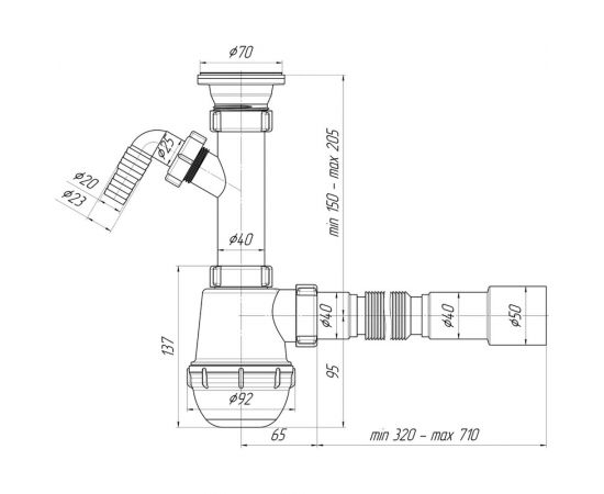 Сифон для умывальника/мойки АНИ Пласт бутылочный, 1 1/2x40, гофра, 40х40/50, с отводом, нержавеющая сетка A1015 025-0407 – изображение 2