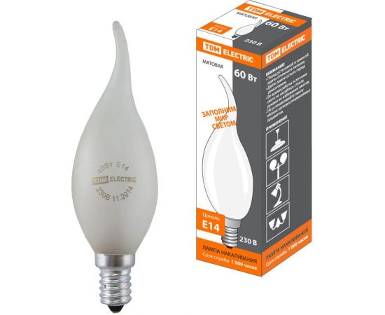 Лампа накаливания свеча на ветру матовая TDM 60 Вт-230 В Е14 SQ0332-0024 