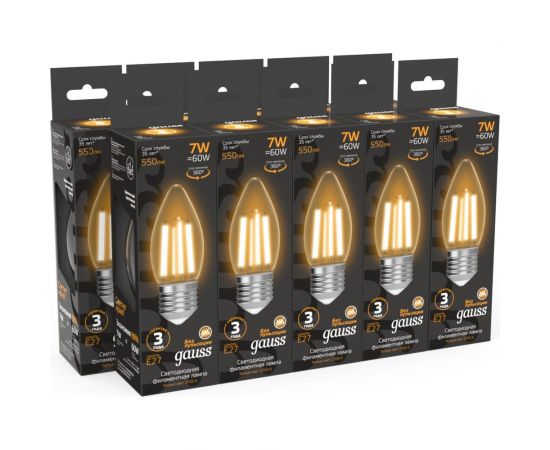 Лампа Gauss Filament Свеча 7W 550lm 2700К Е27 LED 1/10/50 103802107 – изображение 6