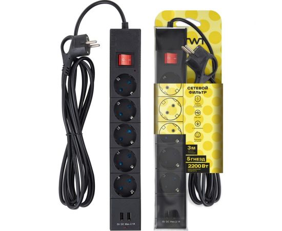 Сетевой фильтр duwi 5 гнезд с/з ПВС 3*0,75 черный 3м, с детскими защитными шторками, 2USB 32593 2 