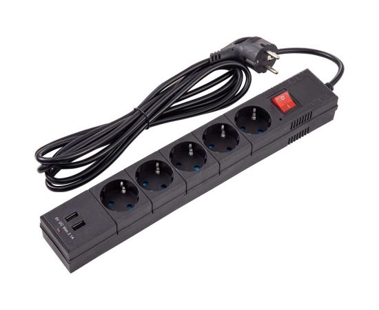 Сетевой фильтр duwi 5 гнезд с/з ПВС 3*0,75 черный 3м, с детскими защитными шторками, 2USB 32593 2 – изображение 2