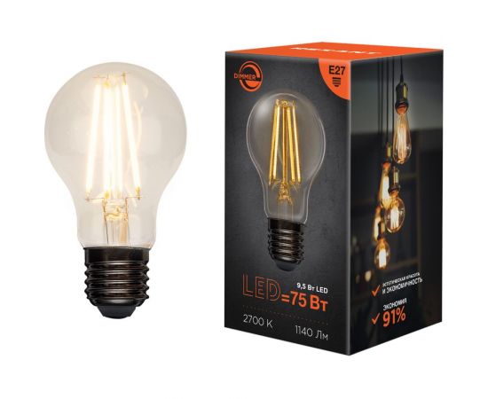 Филаментная диммируемая лампа REXANT Груша A60 9.5 Вт 1140 Лм 2700K E27 604-074 