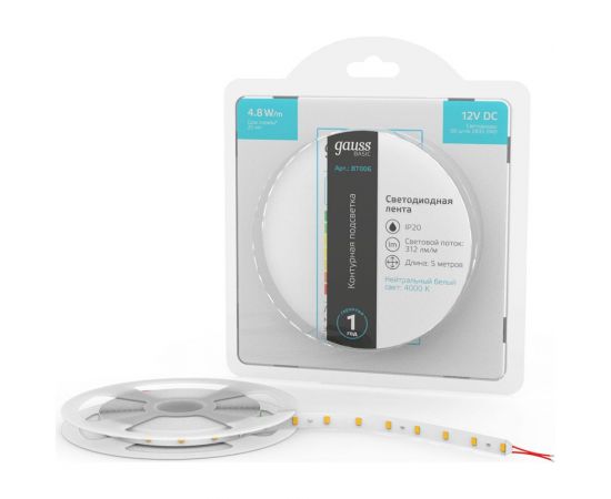 Лента Gauss Basic 12V 4,8W/m 312lm/m 4000K IP20 LED 5m BT006 